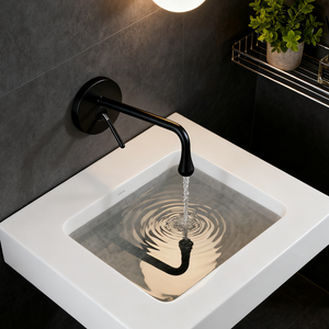 Matte Black Wall Mounted Bathroom Sink Faucet with Curved Teardrop Spout Lever Handle Aerated Flow Corrosion-Resistant Copper Construction and Sleek Minimalist Design - Model 1401014