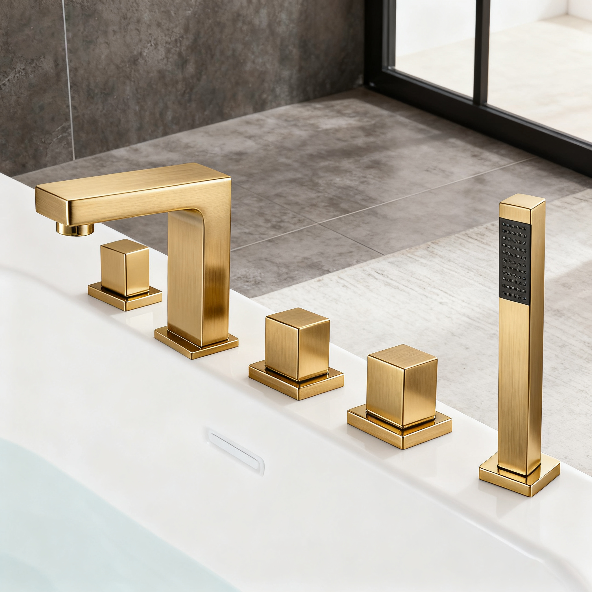 Five-Piece Deck-Mounted Bathtub Faucet Set | Brass Body | Independent Diverter | Hand Shower