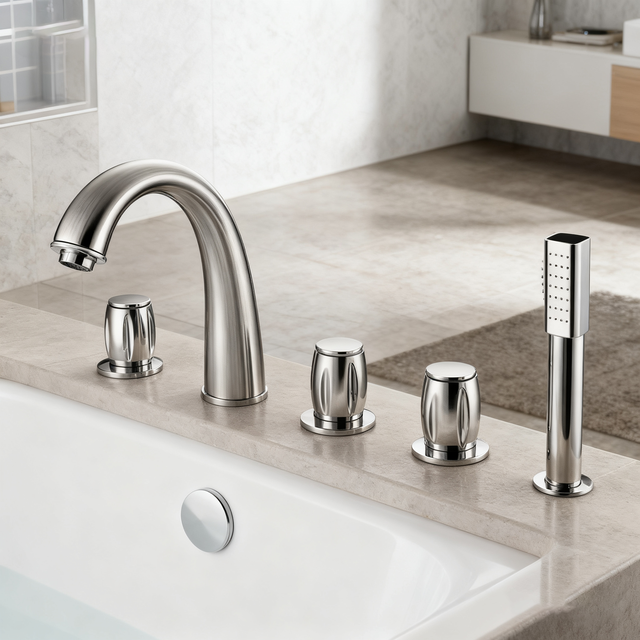 Deck-Mounted Roman Tub Faucet Set with Hand Shower | Brass Body, Chrome Finish