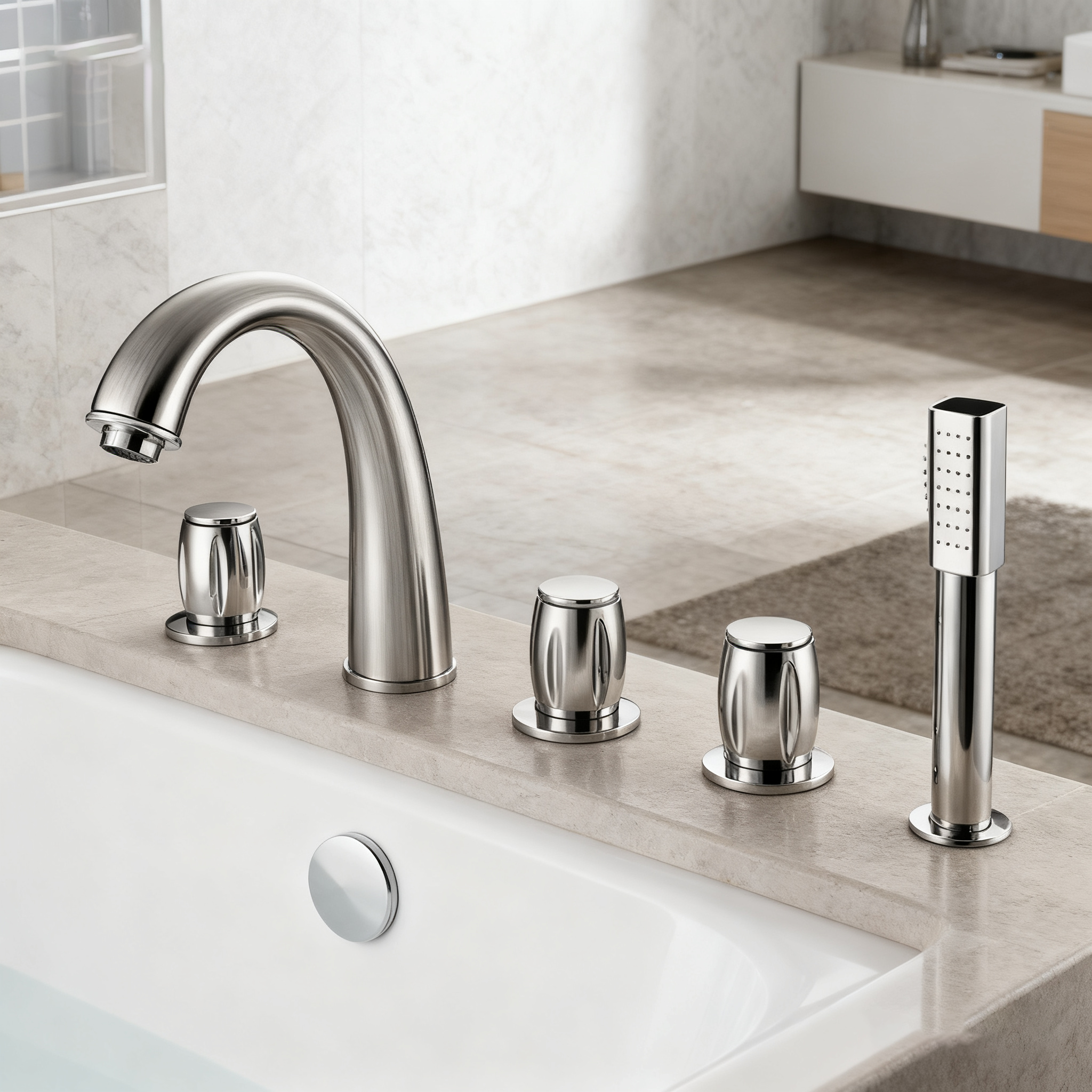 Deck-Mounted Roman Tub Faucet Set with Hand Shower | Brass Body, Chrome Finish