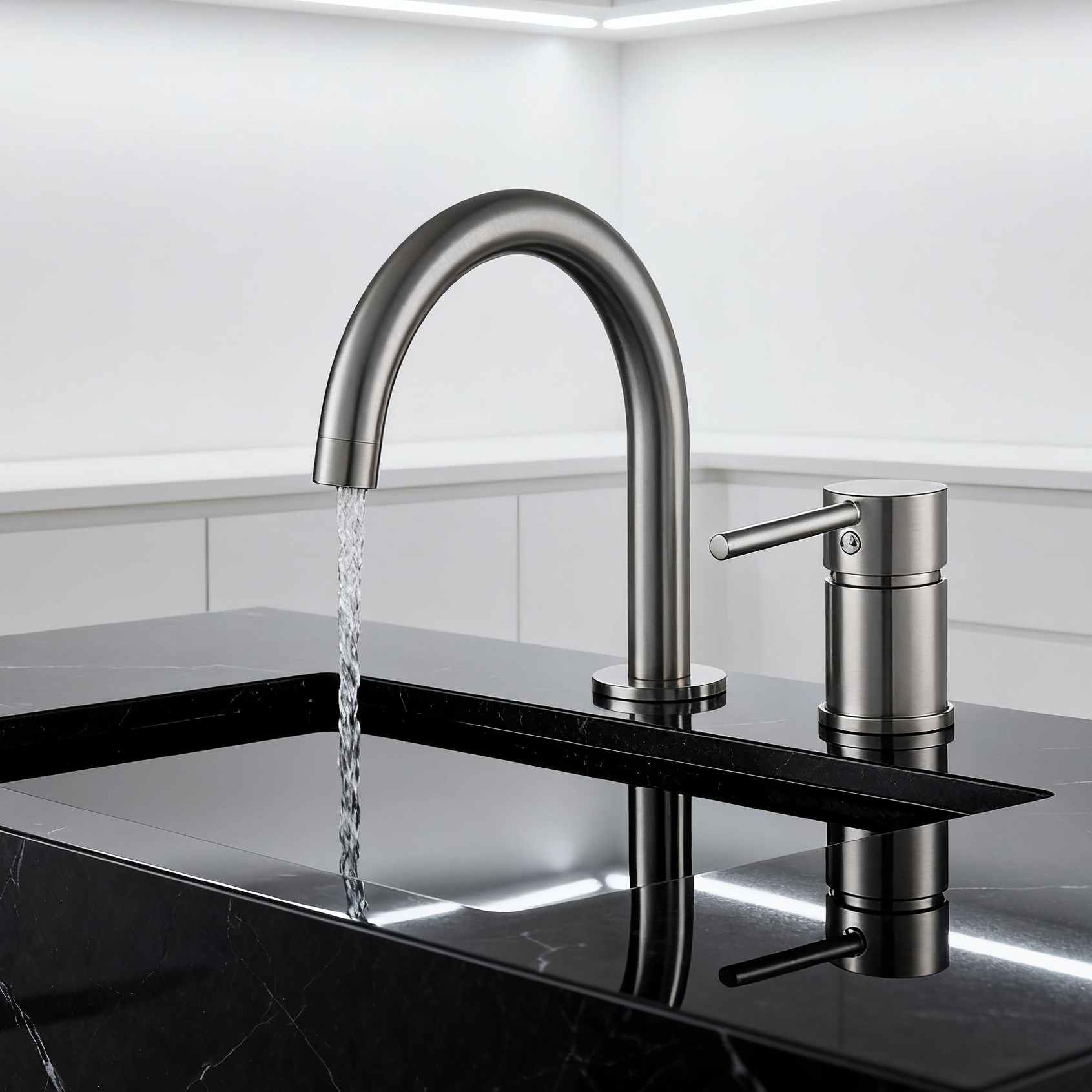 Brushed Nickel Two Piece Single Hole Bathroom Sink Faucet with Curved High Arc Spout Separate Lever Handle Aerated Flow and Corrosion-Resistant Copper Construction - Model DF-05024-2