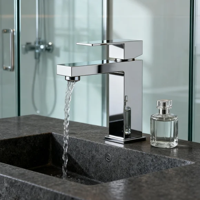 Brushed Nickel Single Handle Basin Mixer Tap – Solid Brass Modern Bathroom Faucet with Water-Saving Aerator and Square Spout for Residential And Commercial Projects