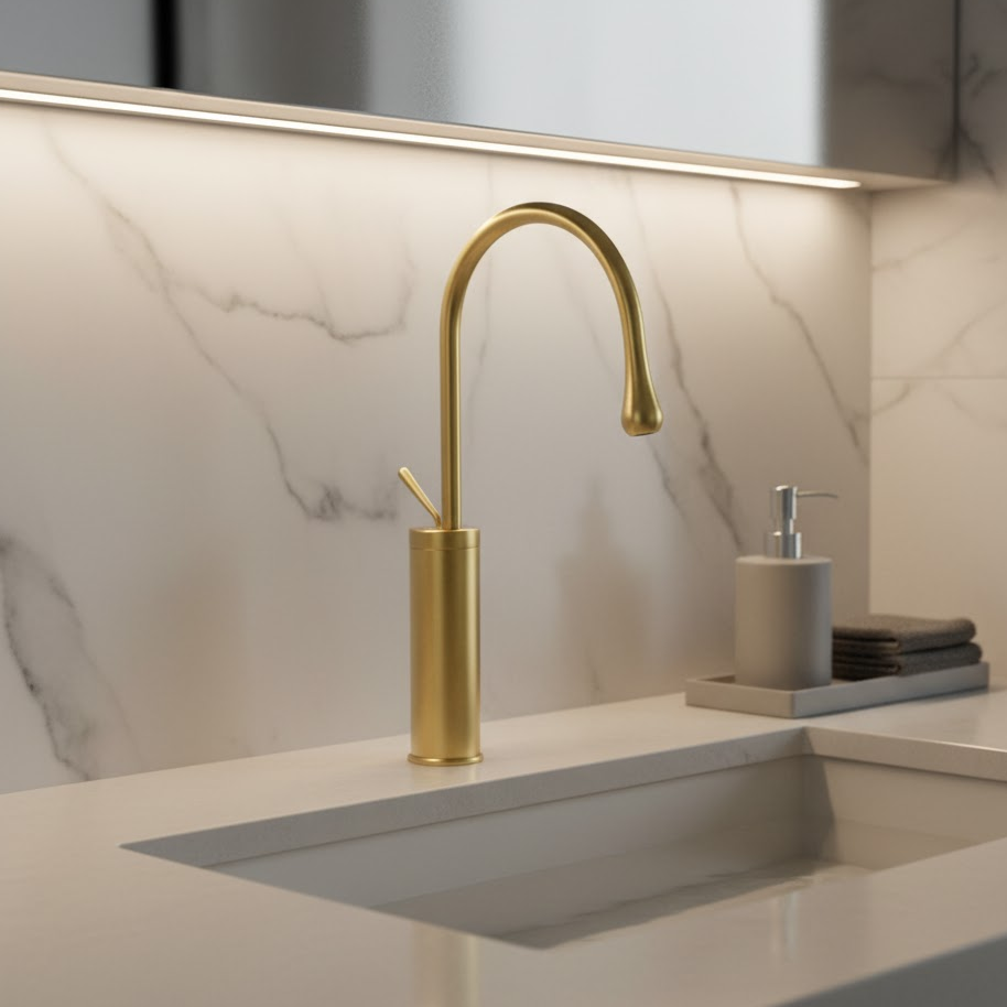 Model 1401007 – Brass Basin Faucet with Streamlined Spout G1/2*60mm Water Inlet