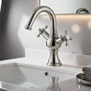 DF-11029-2 Classic Brass Basin Faucet – Dual Cross Handle Mixer Tap (Short Spout Design)