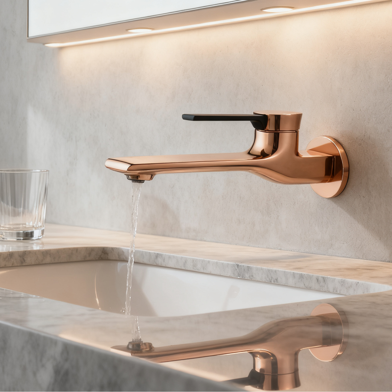 1401035 Rose Gold-Plated Brass Wall-Mounted Basin Faucet Minimalist Single-Handle Wall Mixer