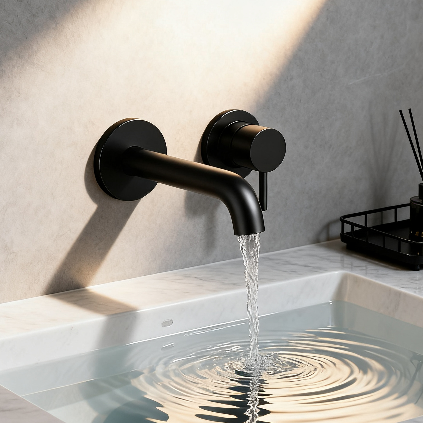 DF-05201-3 Wall-Mounted Brass Basin Faucet (Matte Black) Minimalist Round-Plate Design Architectural Contemporary Series