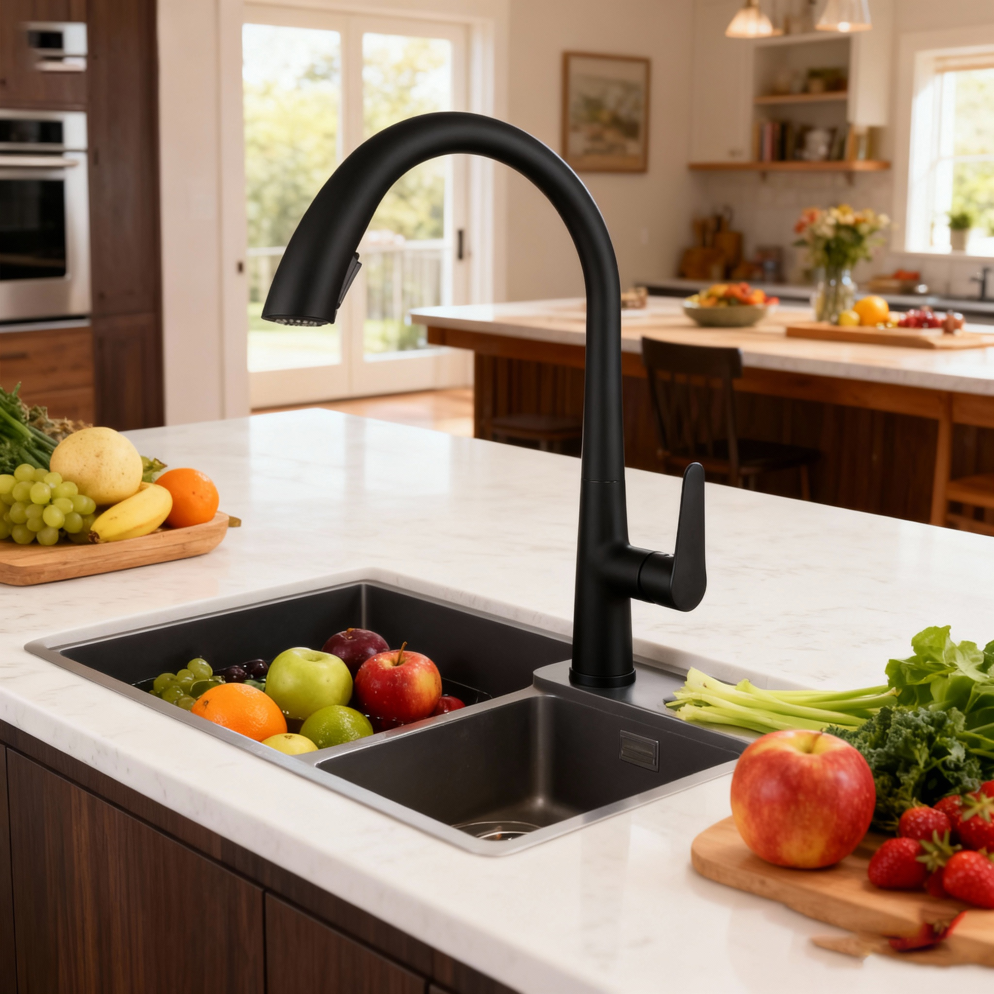 Modern Chrome Zinc Alloy Pull Out Kitchen Faucet with High Arc Spout and Dual Function Sprayer for Commercial and Home Use