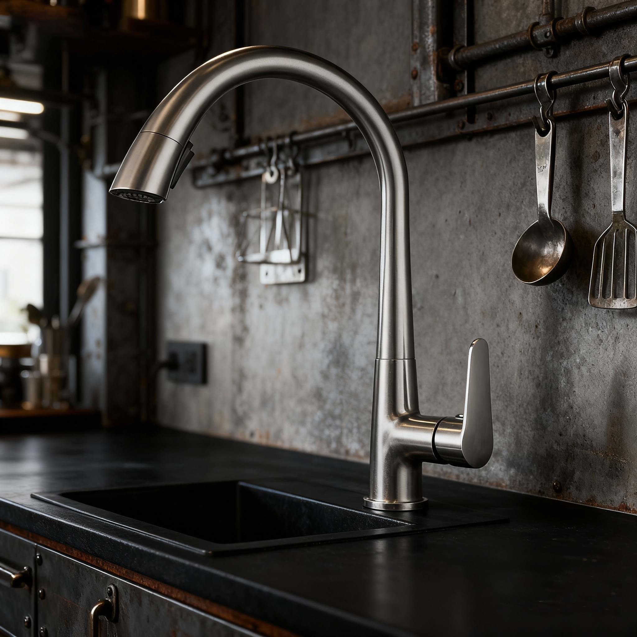 Modern Chrome Zinc Alloy Pull Out Kitchen Faucet with High Arc Spout and Dual Function Sprayer for Commercial and Home Use