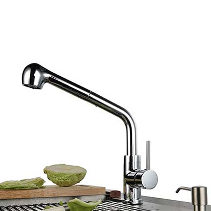 Polished chrome faucet with extendable pull-out sprayer suitable for modern kitchen