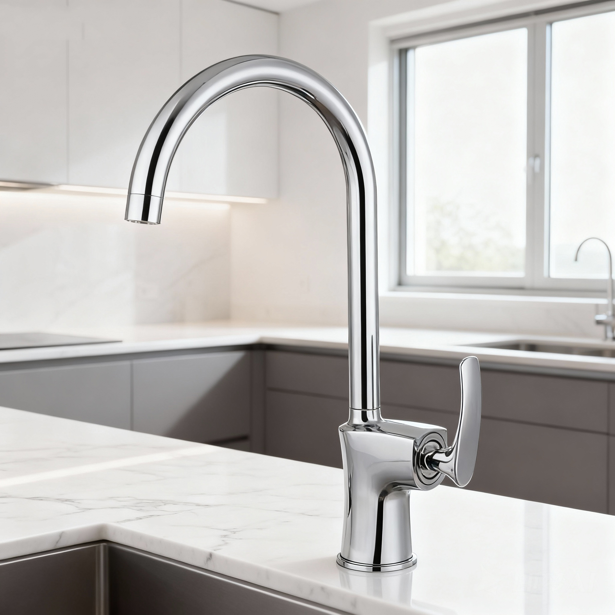 Modern Chrome Kitchen Faucet with High Arc Swive and Brass Body and Ceramic Cartridge by Global Supply