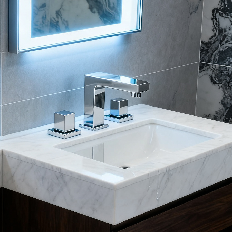 Polished Chrome Widespread Bathroom Sink Faucet with Dual Cube Handles Rectangular Aerated Spout Water-Efficient Flow and Corrosion-Resistant Brass Construction