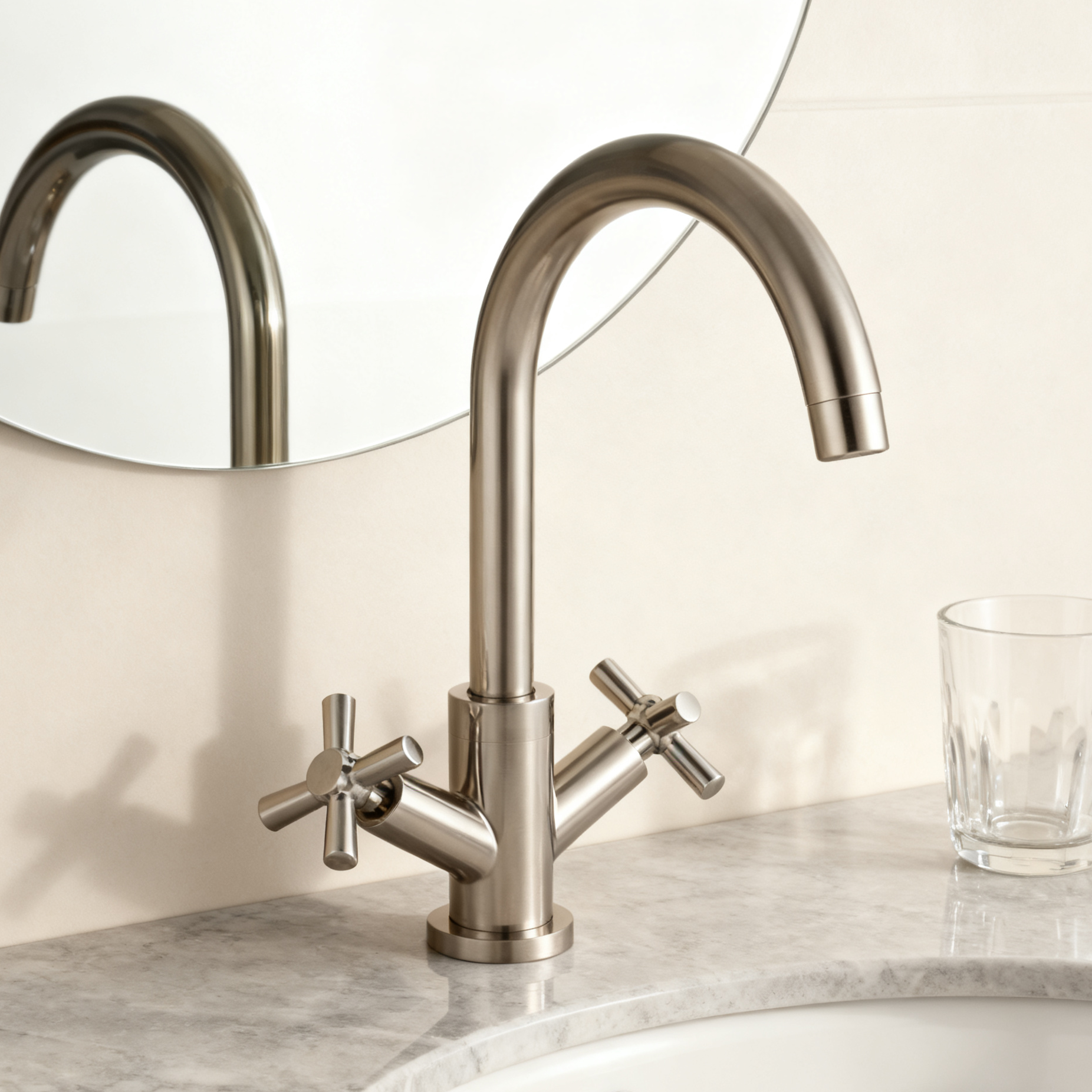 DF-03013 Brass Basin Faucet – Dual Cross Handle Bathroom Mixer with Aerator Sprayer