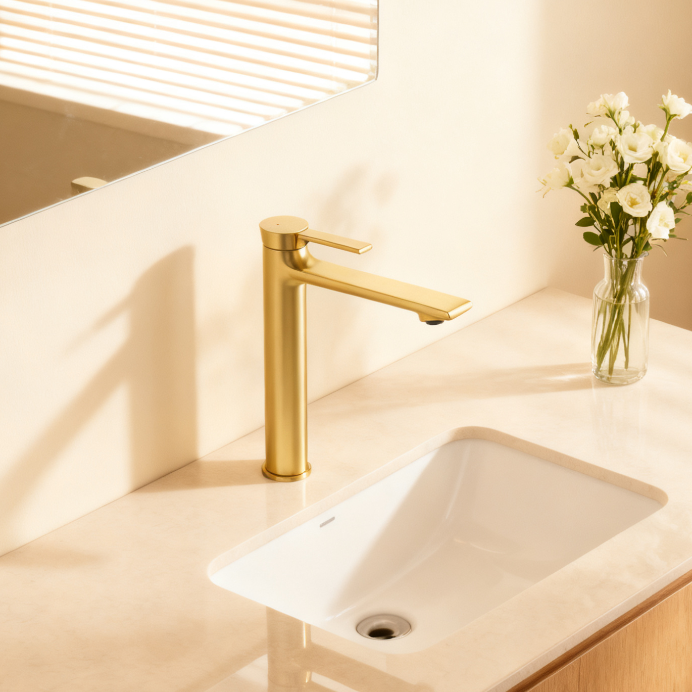 1401032 Brushed Gold Brass Basin Faucet — Tall Luxury Mixer Tap for Vessel Sink Applications
