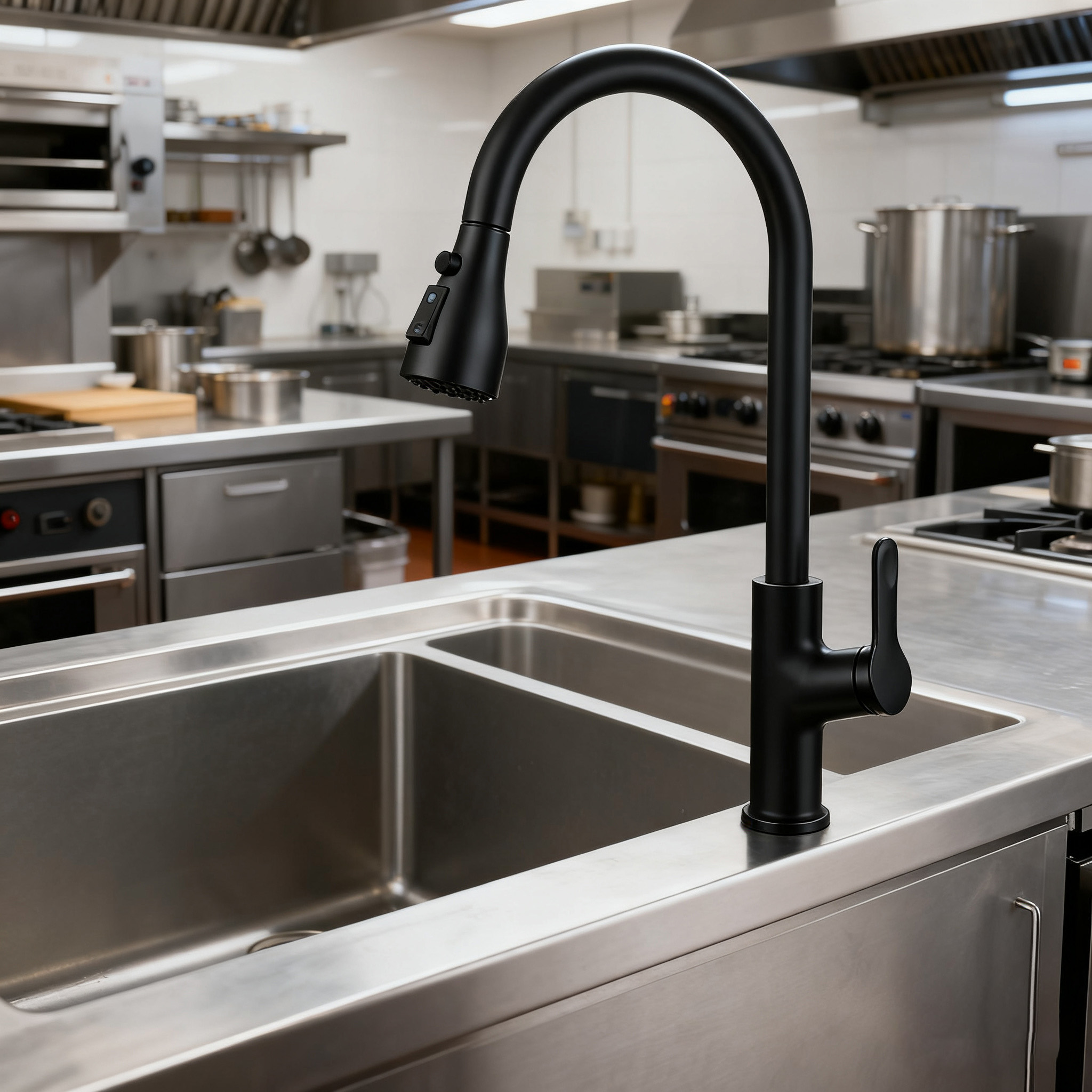 Commercial Pull-Down Matte Black Zinc Alloy Kitchen Faucet with Chrome-Plated Tap and Dual-Mode Sprayer 