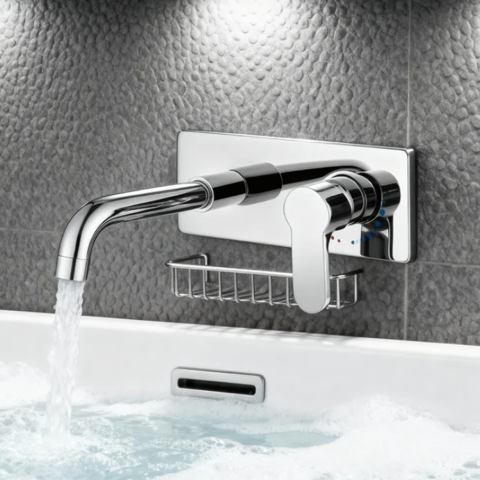 Modern Wall-Mounted Chrome Brass Basin Faucet with Single Lever Mixer And Aerated Sprayer Premium Bathroom Tap for Hotels, Villas & Residential Projects