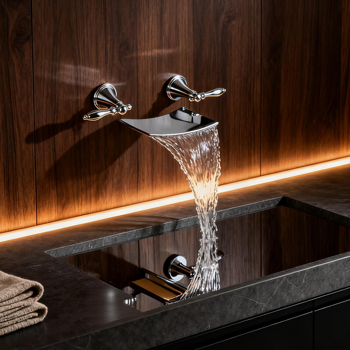 DF-05239 Brass Wall Mounted Basin Faucet Waterfall Spout Bathroom Mixer Tap – Dual Handle Vintage Design for Modern Bathrooms