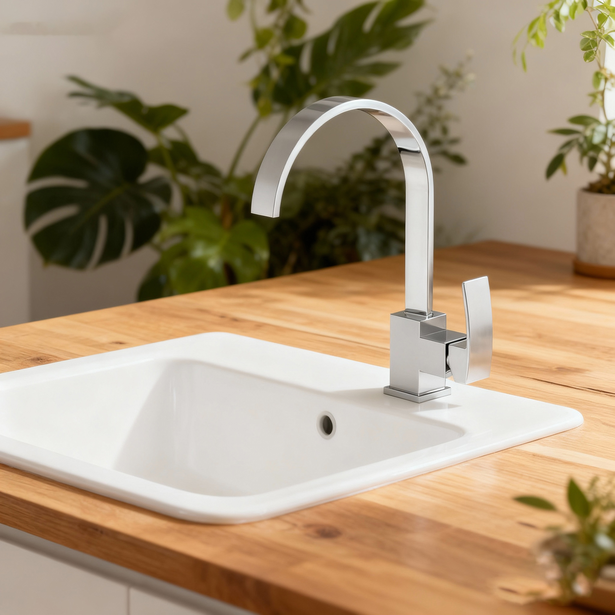 Modern Chrome Kitchen Faucet with Sleek Square Design with Durable Sprayer Global supply