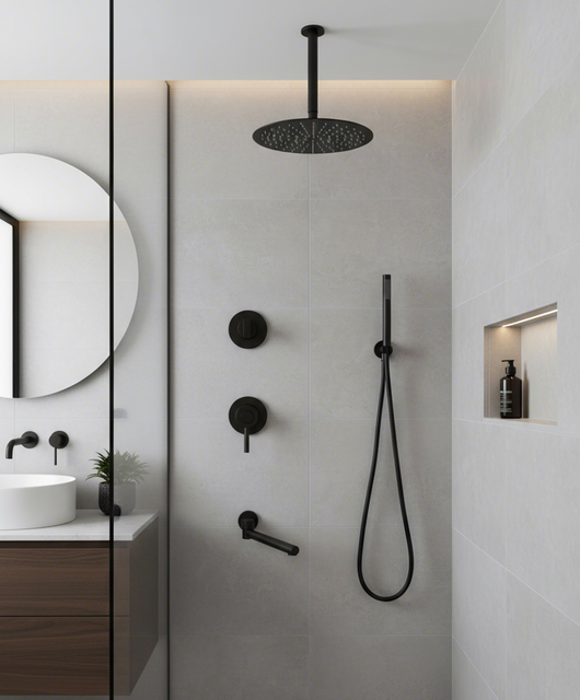 Concealed Shower System – Matte Black, 3-Function Mixer, Ceiling Rain Shower & Hand Shower