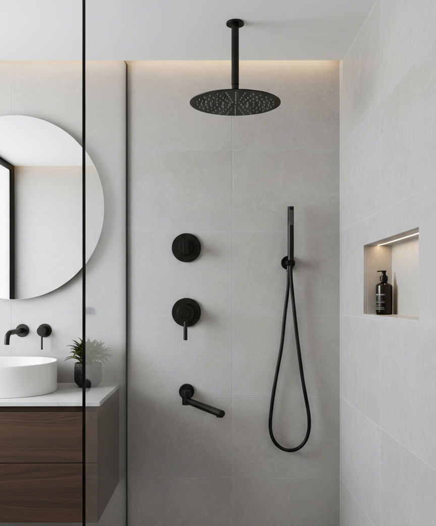 Concealed Shower System – Matte Black, 3-Function Mixer, Ceiling Rain Shower & Hand Shower