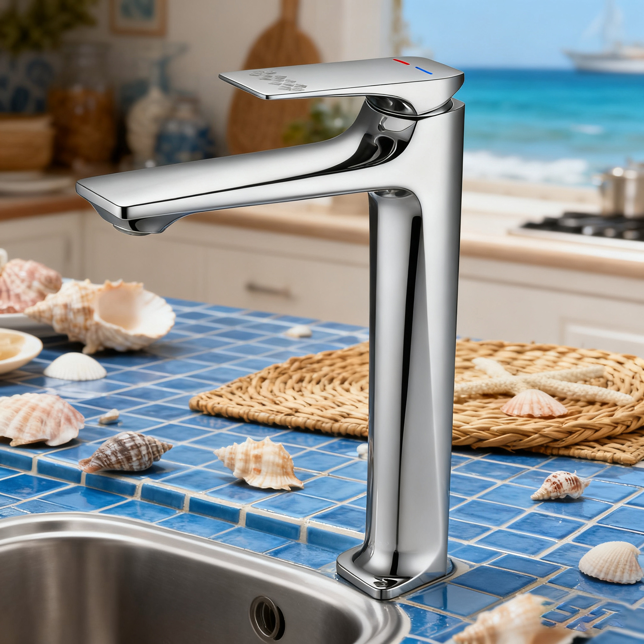 Tall Countertop Basin Faucet, Modern Brass Mixer Tap for Above Counter Vanity Sink