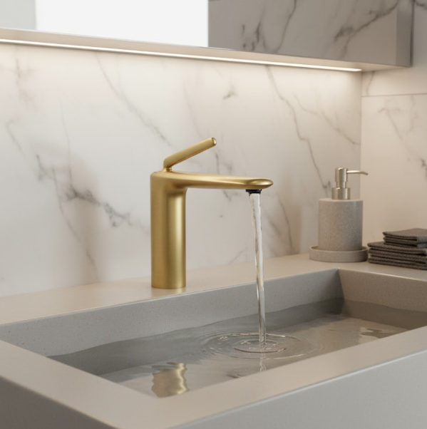 Luxury Brushed Gold Single Handle Basin Mixer Tap – Modern Brass Bathroom Faucet with Water-Saving Aerator for Residential And Commercial Projects