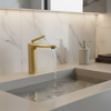 Luxury Brushed Gold Single Handle Basin Mixer Tap – Modern Brass Bathroom Faucet with Water-Saving Aerator for Residential And Commercial Projects