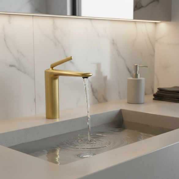 Luxury Brushed Gold Single Handle Basin Mixer Tap – Modern Brass Bathroom Faucet with Water-Saving Aerator for Residential And Commercial Projects