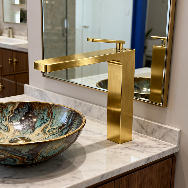 Brushed Gold Tall Square Basin Faucet – Modern Brass Vessel Sink Mixer Tap | Single-Handle | OEM & Project Ready
