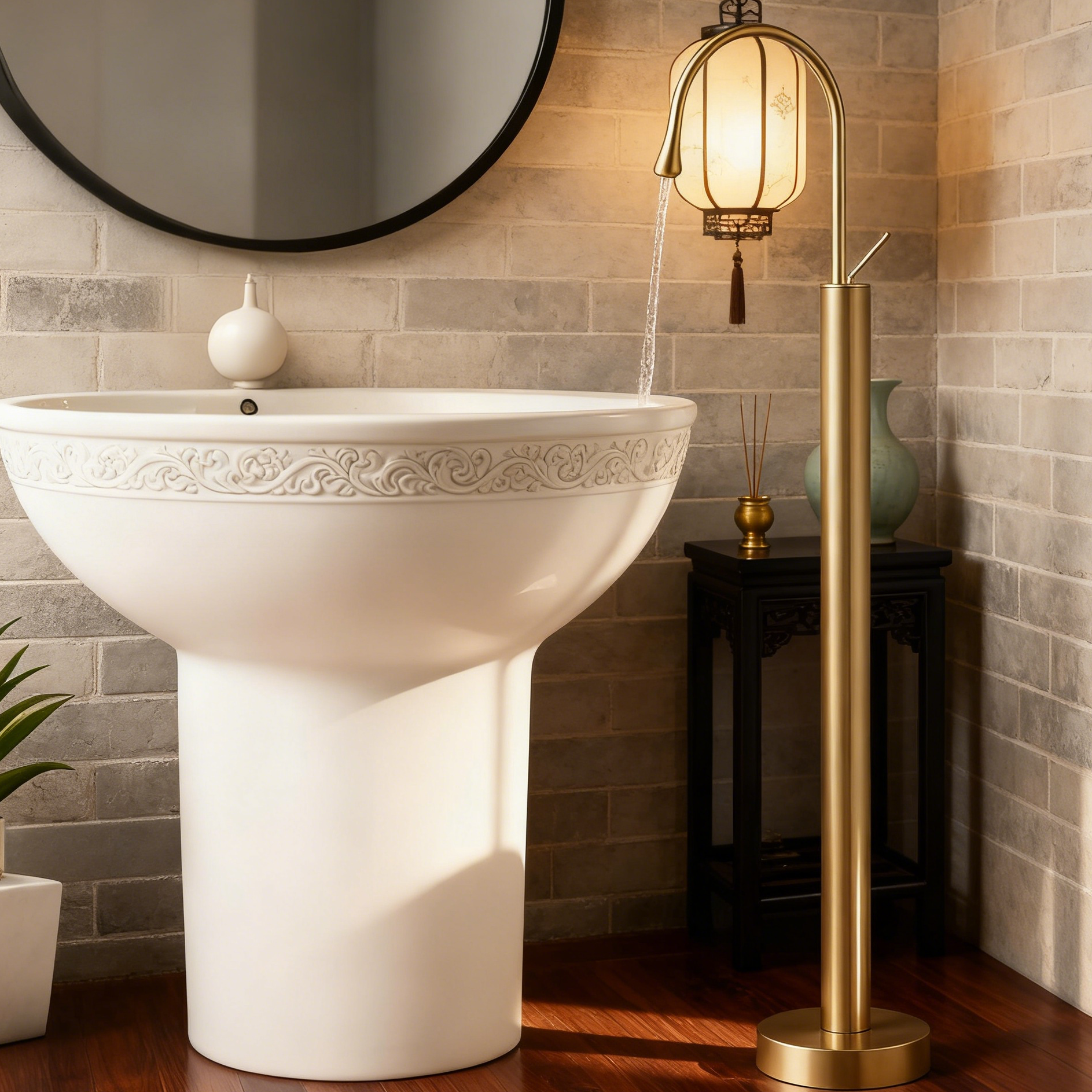 Polished Gold Freestanding Bathtub Faucet with Curved High Arc Teardrop Spout Lever Handle Aerated Flow Corrosion-Resistant Copper Construction and G1/2 Inlet Pipe - Model 1401008