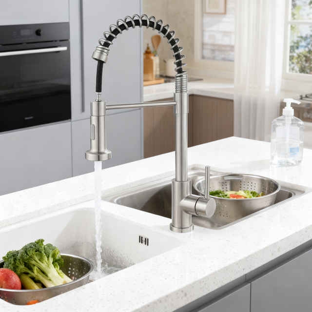 Commercial Style Pull-Down Kitchen Faucet with Dual-Function Sprayer by SUS304 Stainless Steel 