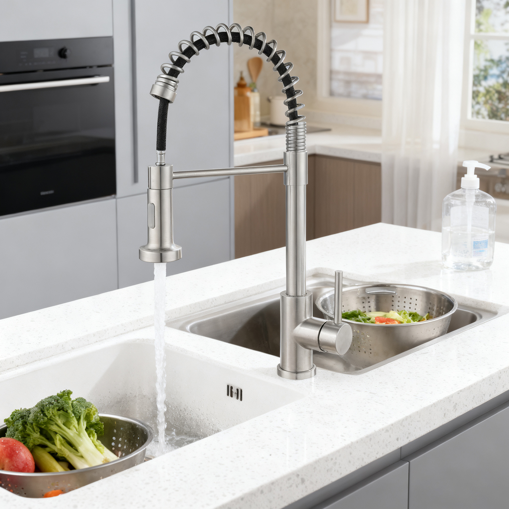 Commercial Style Pull-Down Kitchen Faucet with Dual-Function Sprayer by SUS304 Stainless Steel 
