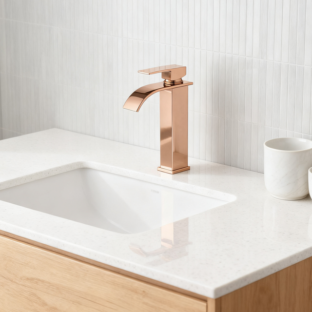 DF-11008 Rose Gold Brass Basin Faucet – Luxury Tall Waterfall Mixer Tap for Modern Bathrooms