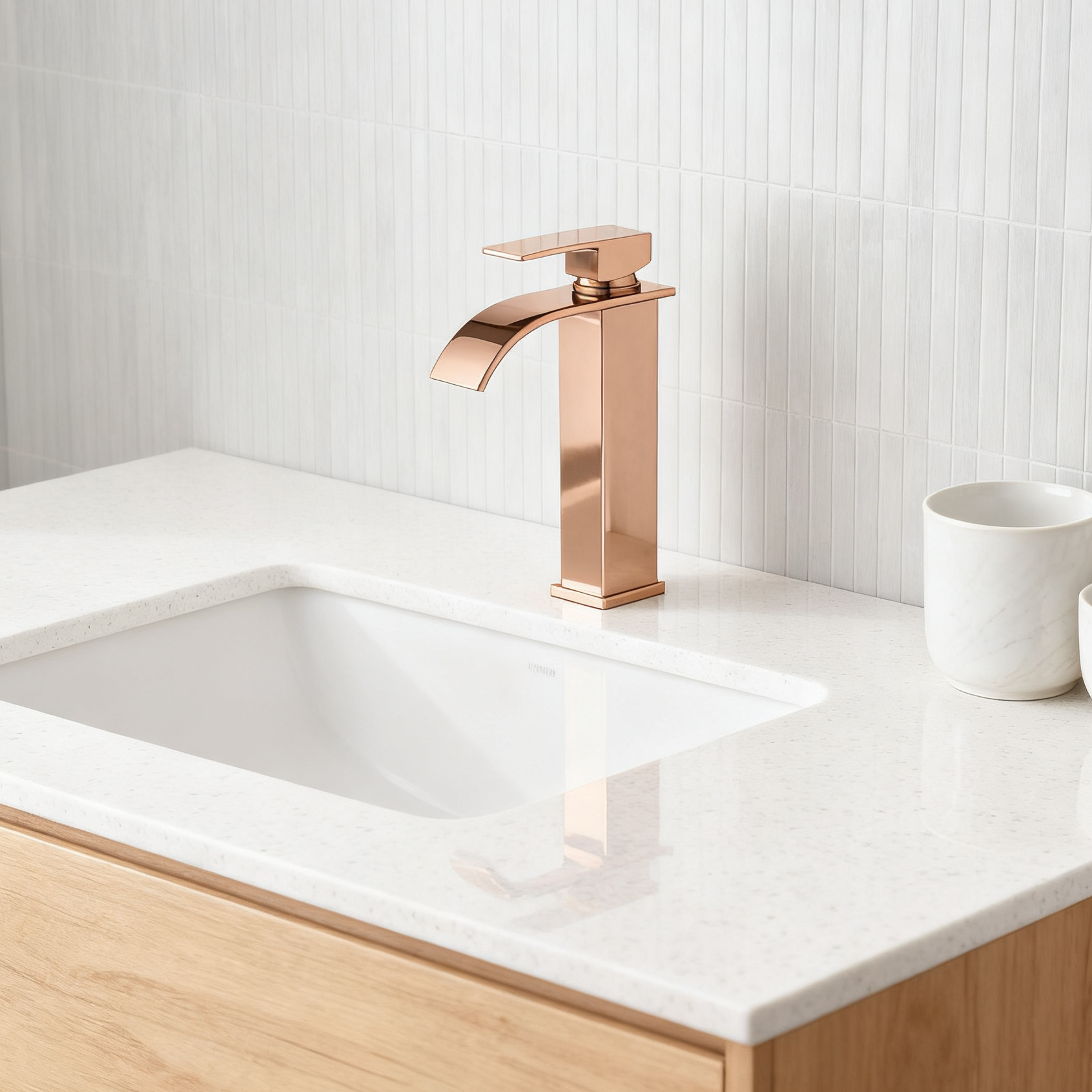 DF-11008 Rose Gold Brass Basin Faucet – Luxury Tall Waterfall Mixer Tap for Modern Bathrooms