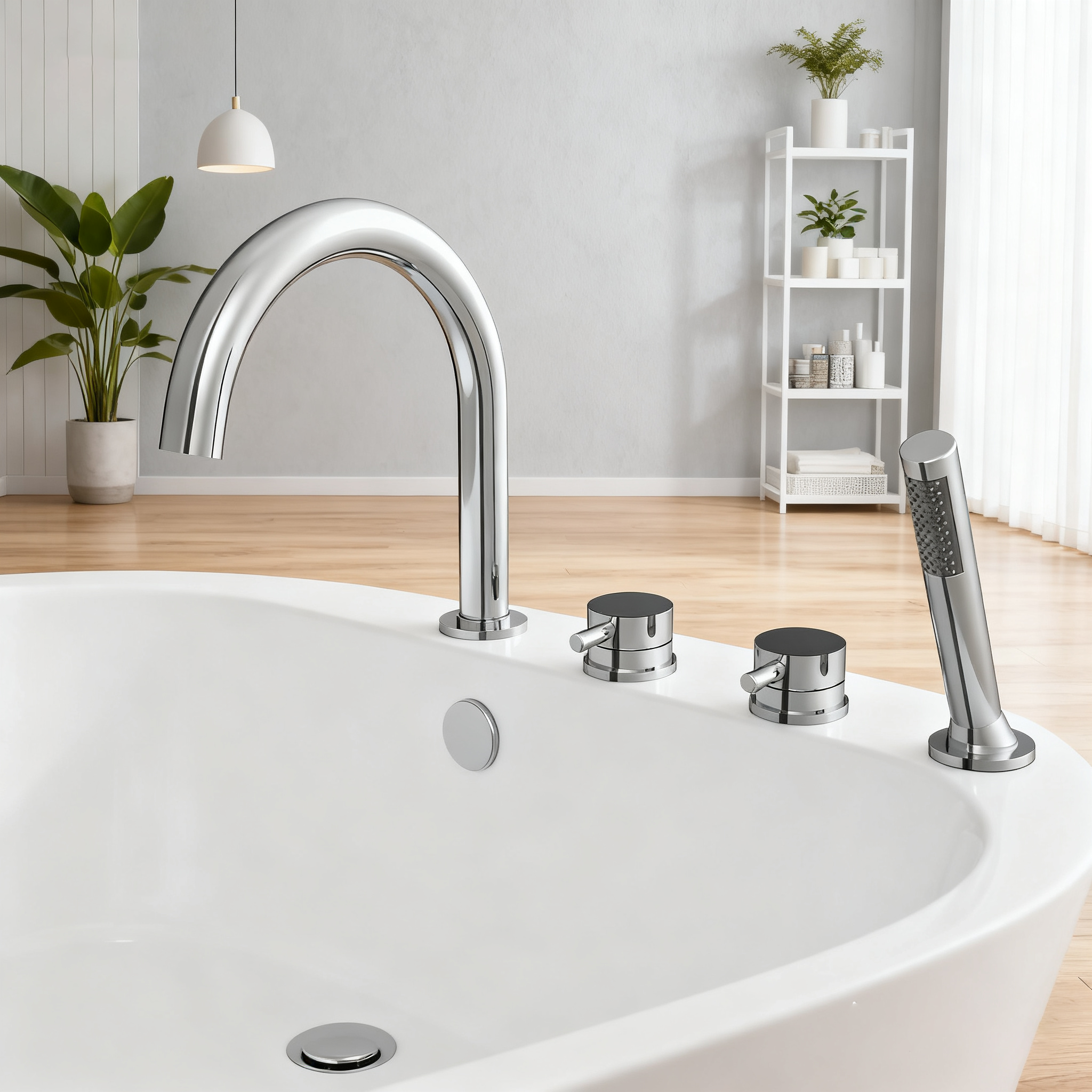 DF-05036 High-Flow 4-Hole Deck-Mounted Roman Tub Faucet Set – Modern Round Arch Spout with Hand Shower