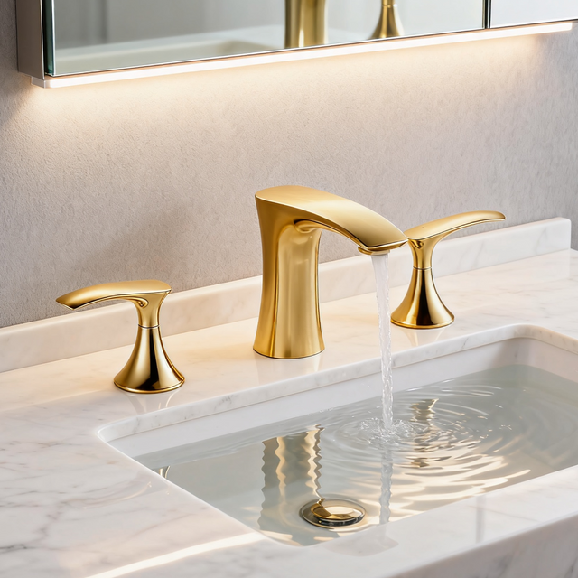 DF-05222-2 Brushed Gold 3-Hole Brass Basin Faucet – Luxury Modern Dual Handle Mixer Tap