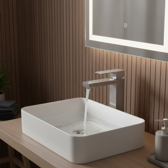 Brushed Nickel Single Handle Basin Mixer Tap – Solid Brass Modern Bathroom Faucet with Water-Saving Aerator and Square Spout for Residential And Commercial Projects