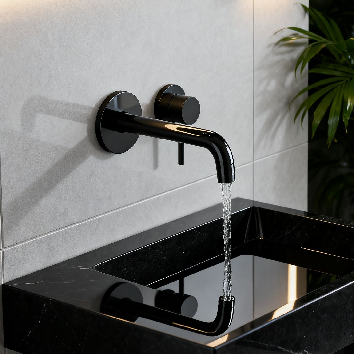 DF-05201-3 Wall-Mounted Brass Basin Faucet (Matte Black) Minimalist Round-Plate Design Architectural Contemporary Series