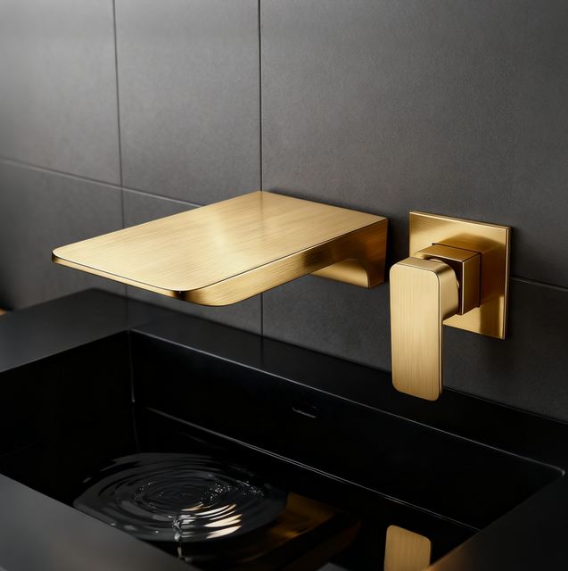 1402006 Wall-Mounted Brass Basin Faucet (Brushed Nickel) Architectural Waterfall Spout Single Handle Mixer Modern Premium Bathroom Collection