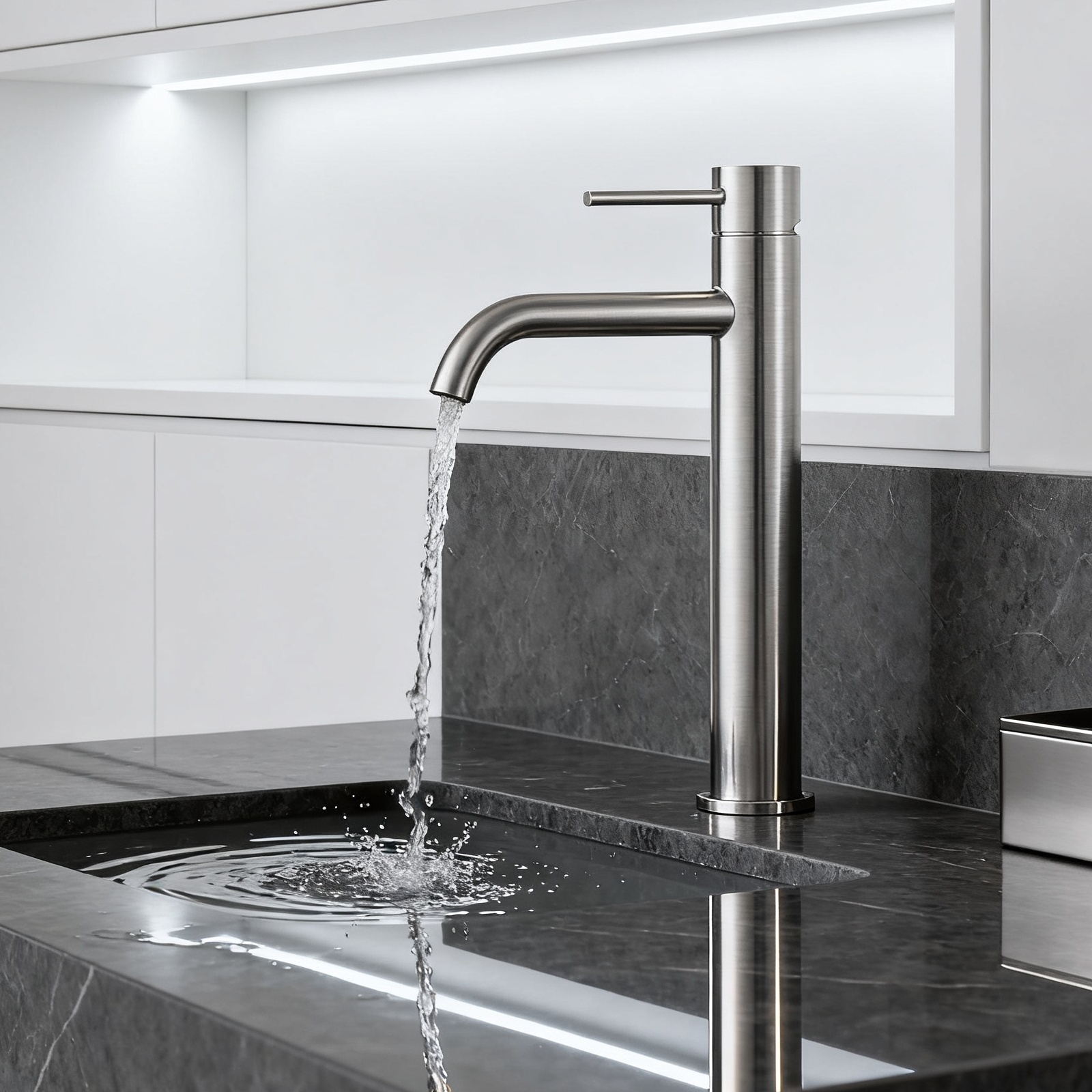 Elegant Tall Brushed Stainless Steel Basin Mixer Tap with Curved Spout – Minimalist 304 Stainless Steel Vessel Sink Faucet with Single Handle and Water-Saving Aerator Modern Bathroom Tap OEM Supplie