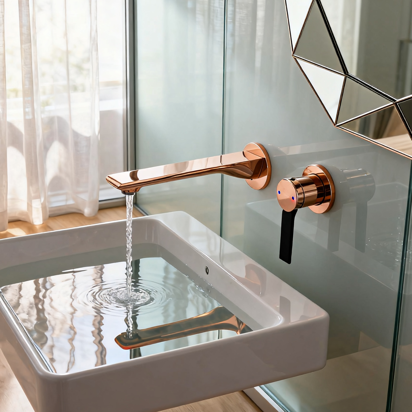 1401036 Rose Gold Brass Wall-Mounted Basin Faucet Luxury Dual-Tone Wall Mixer Modern Basin Faucet with Aerated Sprayer