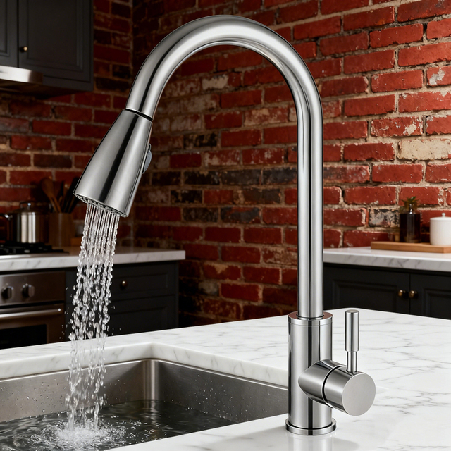 Pull-Out Kitchen Faucet in 304 Stainless Steel Body & Handle and Dual-Function Sprayer for Modern Residential project