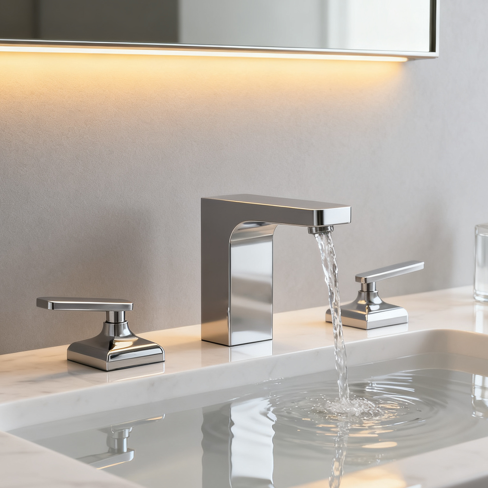 DF-4805 Three-Hole Brass Basin Mixer Faucet Luxury Solid Brass Bathroom Tap with Dual Handles and Precision Water Control Classic Deck-Mounted Widespread Basin Mixer OEM Manufacturer