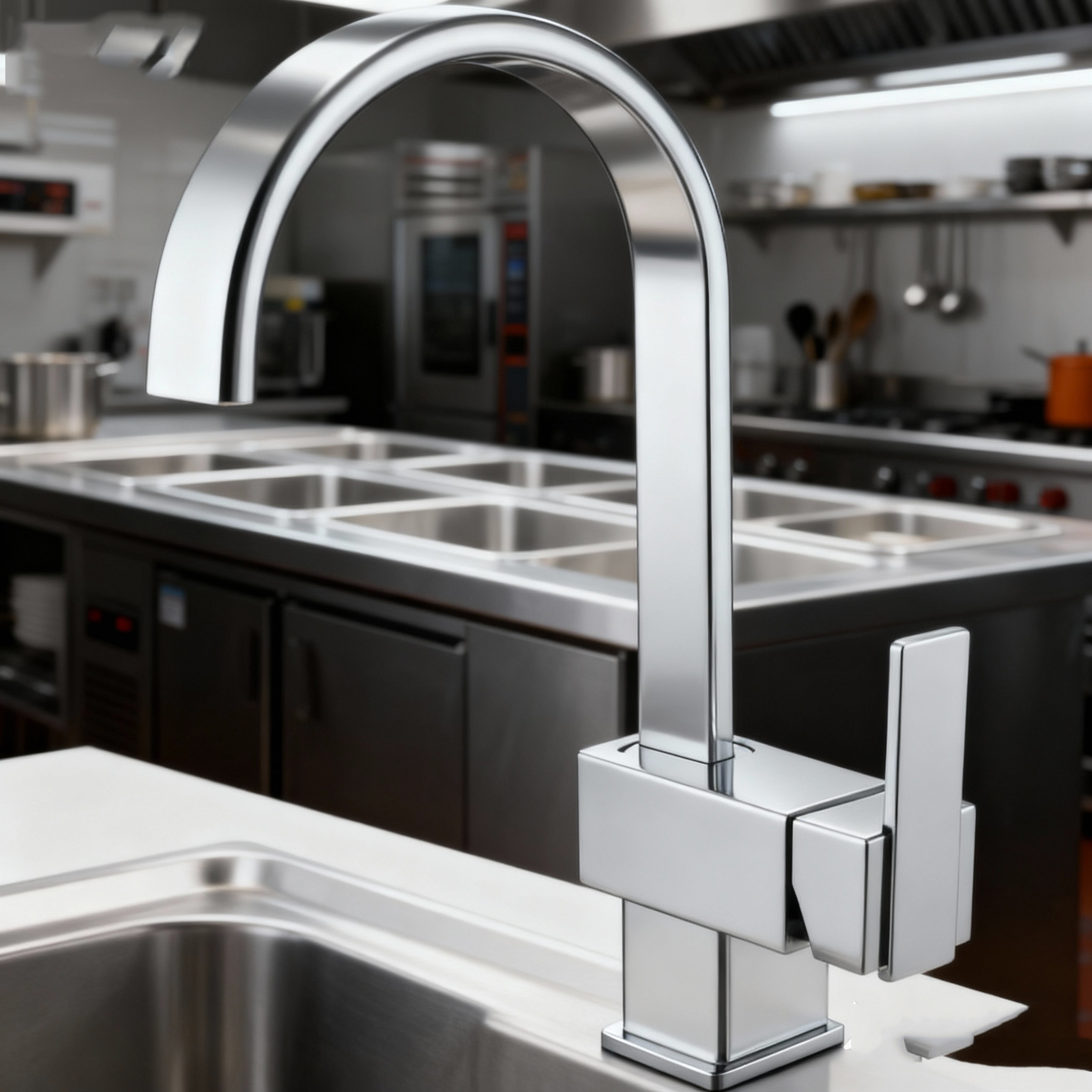 Modern Square-Base Kitchen Faucet with Chrome High Arc Mixer Tap with Sprayer for Residential and Commercial Projects