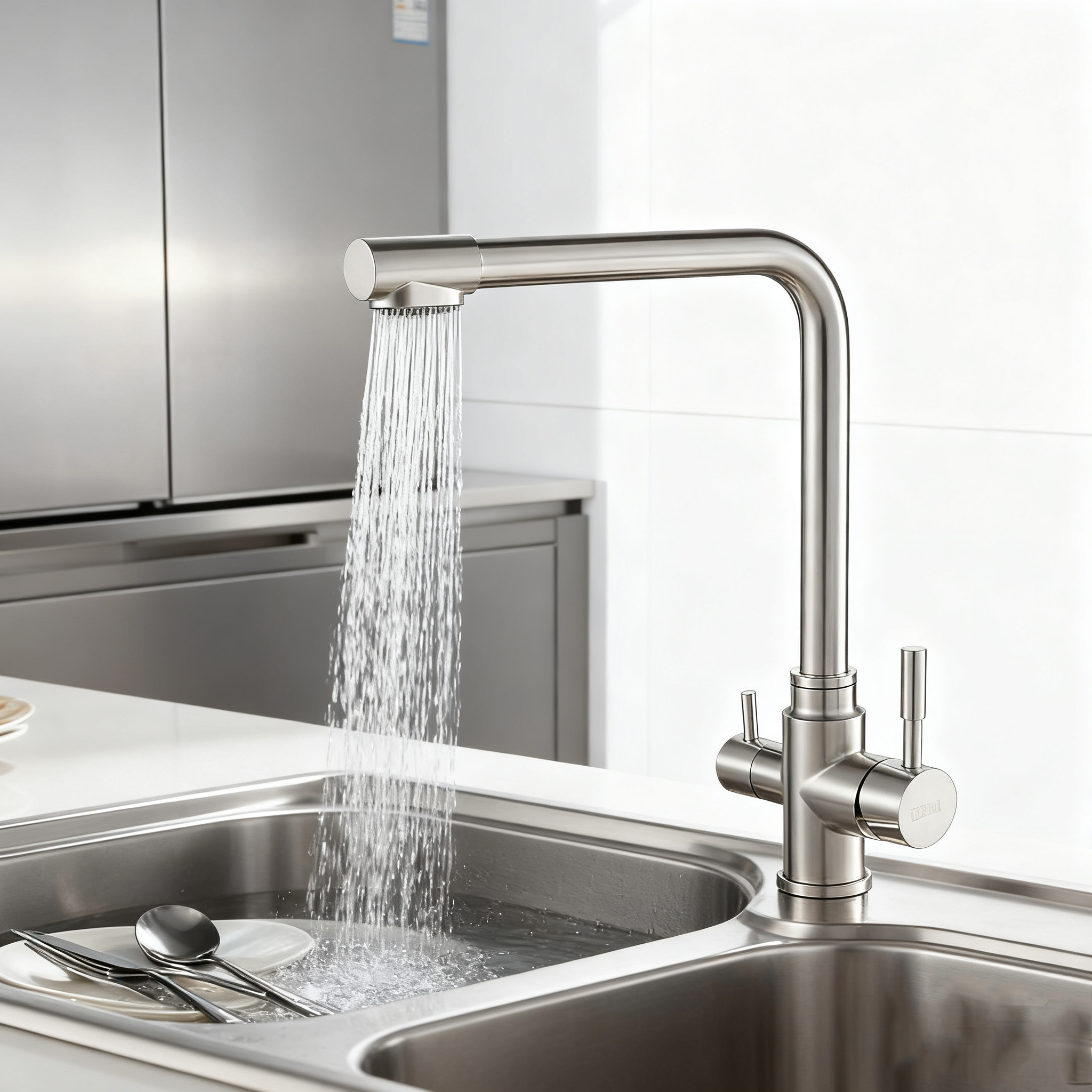 Stainless Steel Kitchen Faucet with Dual-Handle Design and 360° Swivel Spout for Residential or Commercial Kitchens