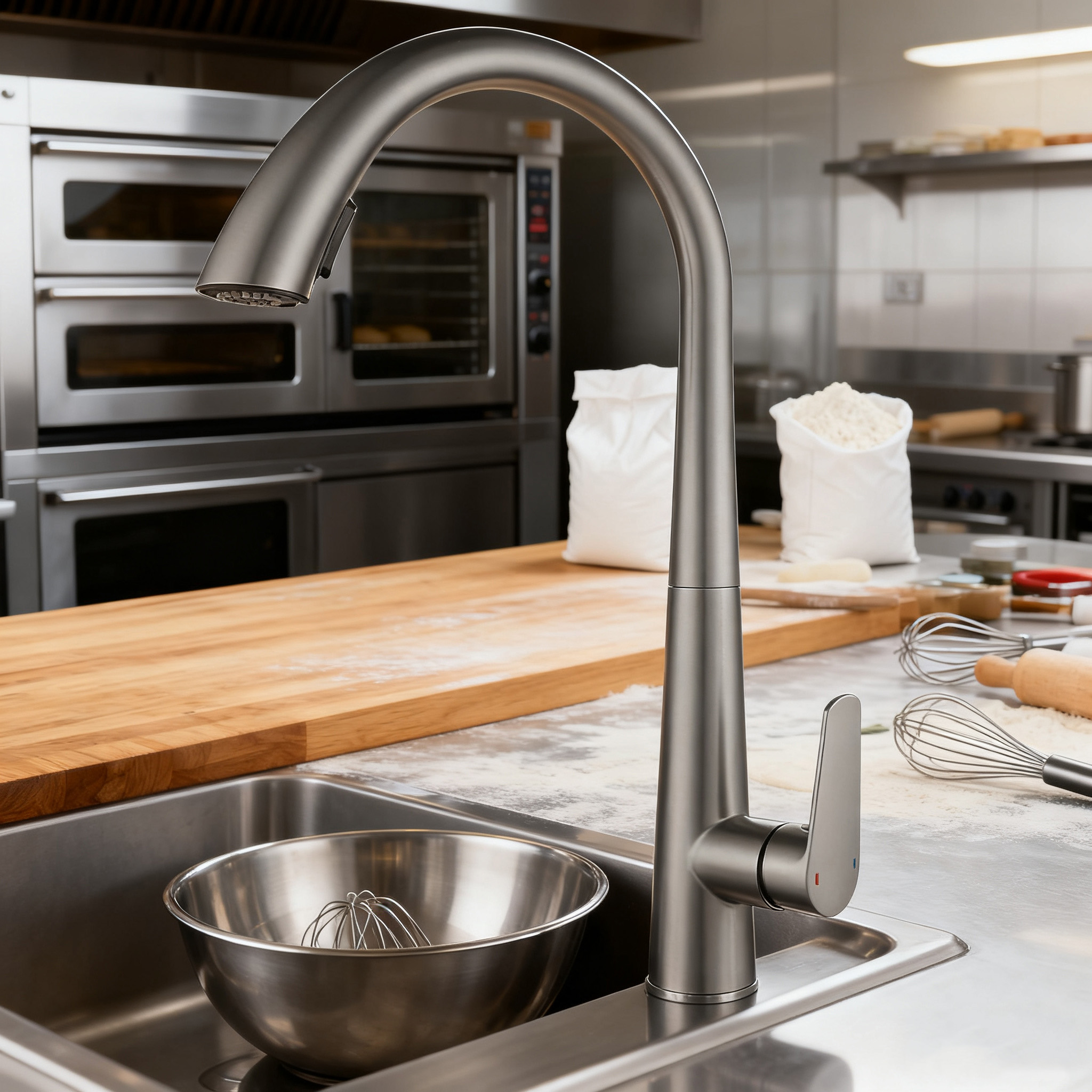 Commercial Kitchen Faucet with High Arc Stainless Steel Mixer Tap with Flexible Sprayer for Hotel and Restaurant Projects