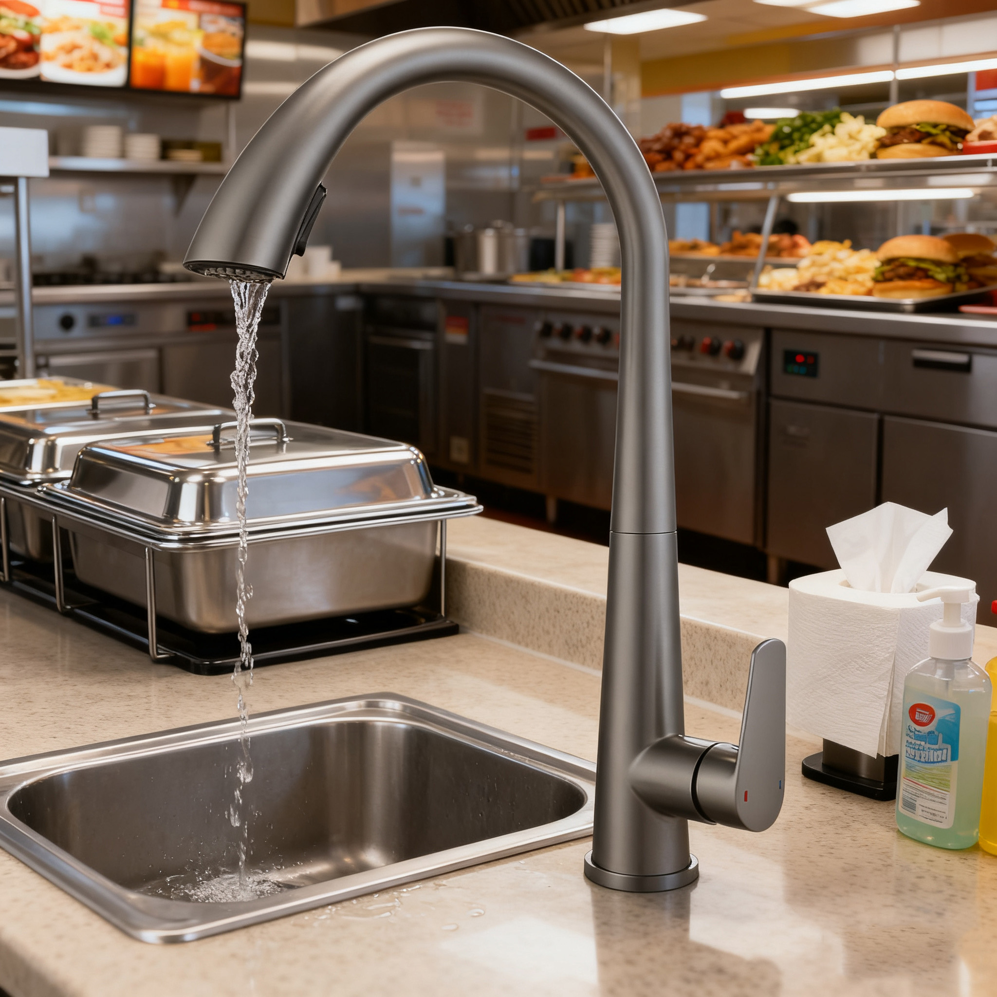 Commercial Kitchen Faucet with High Arc Stainless Steel Mixer Tap with Flexible Sprayer for Hotel and Restaurant Projects