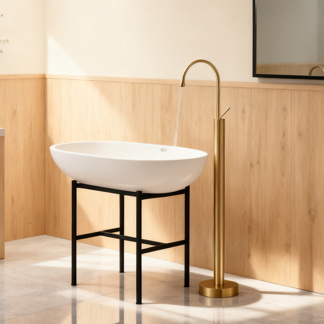 Polished Gold Freestanding Bathtub Faucet with Curved High Arc Teardrop Spout Lever Handle Aerated Flow Corrosion-Resistant Copper Construction and G1/2 Inlet Pipe - Model 1401008