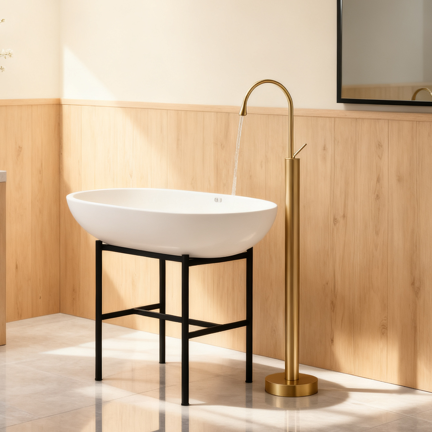 Polished Gold Freestanding Bathtub Faucet with Curved High Arc Teardrop Spout Lever Handle Aerated Flow Corrosion-Resistant Copper Construction and G1/2 Inlet Pipe - Model 1401008