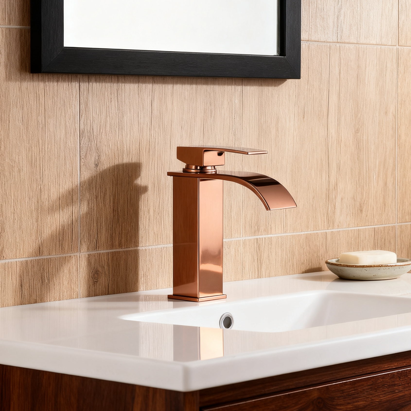 DF-11008 Rose Gold Brass Basin Faucet – Luxury Tall Waterfall Mixer Tap for Modern Bathrooms