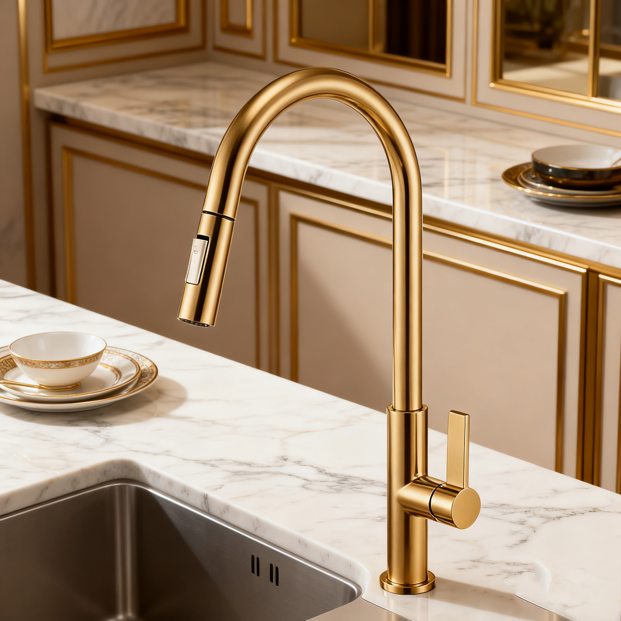 Brass Kitchen Faucet with Pull-Down Sprayer in Multi-Finish Options Premium Kitchen Taps for Global Projects